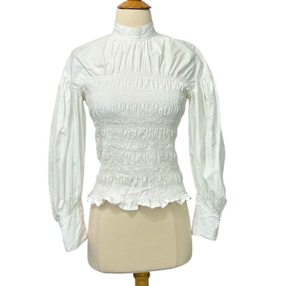 Ganni Smocked Top Crisp White Long Puff Sleeves Mock Neck Feminine Size 36 / S